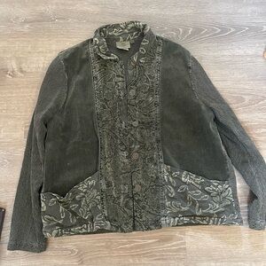Green Corduroy Jacket with Floral Accents